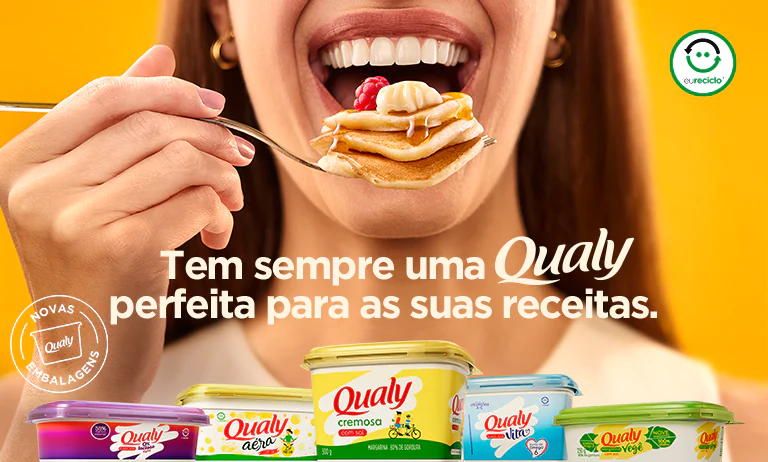 Qualy Aéra, Qualy 0% Lactose, Qualy Cremosa e Qualy Vita em cima da mesa.